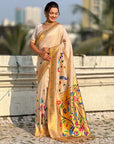 White Bamboo Tissue Silk Paithani Saree with Meenakari Motifs, Half Half Design and Muniya Border