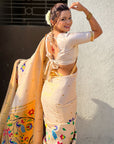 White Bamboo Tissue Silk Paithani Saree with Meenakari Motifs, Half Half Design and Muniya Border