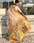 White Bamboo Tissue Silk Paithani Saree with Meenakari Motifs, Half Half Design and Muniya Border