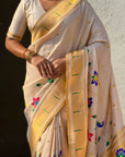 White Bamboo Tissue Silk Paithani Saree with Meenakari Motifs, Half Half Design and Muniya Border