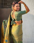 Green Bamboo Tissue Silk Paithani Saree with Meenakari Motifs, Half Half Design and Muniya Border