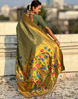 Green Bamboo Tissue Silk Paithani Saree with Meenakari Motifs, Half Half Design and Muniya Border
