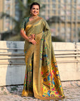 Green Bamboo Tissue Silk Paithani Saree with Meenakari Motifs, Half Half Design and Muniya Border