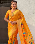 Mustard Bamboo Tissue Silk Paithani Saree with Meenakari Motifs, Half Half Design and Muniya Border