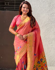 Pink Bamboo Tissue Silk Paithani Saree with Meenakari Motifs, Half Half Design and Muniya Border