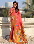 Pink Bamboo Tissue Silk Paithani Saree with Meenakari Motifs, Half Half Design and Muniya Border