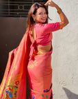 Pink Bamboo Tissue Silk Paithani Saree with Meenakari Motifs, Half Half Design and Muniya Border