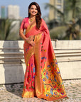 Pink Bamboo Tissue Silk Paithani Saree with Meenakari Motifs, Half Half Design and Muniya Border