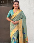Rama Bamboo Tissue Silk Paithani Saree with Meenakari Motifs, Half Half Design and Muniya Border