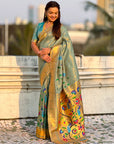 Rama Bamboo Tissue Silk Paithani Saree with Meenakari Motifs, Half Half Design and Muniya Border