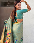 Rama Bamboo Tissue Silk Paithani Saree with Meenakari Motifs, Half Half Design and Muniya Border