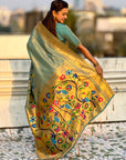 Rama Bamboo Tissue Silk Paithani Saree with Meenakari Motifs, Half Half Design and Muniya Border
