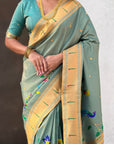 Rama Bamboo Tissue Silk Paithani Saree with Meenakari Motifs, Half Half Design and Muniya Border