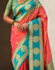 Soft Silk Peacock Zari Woven Saree with Rich Pallu and Contrast Border for Wedding and Festive Wear
