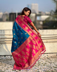 Soft Silk Peacock Zari Woven Saree with Rich Pallu and Contrast Border for Wedding and Festive Wear
