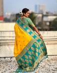 Soft Silk Peacock Zari Woven Saree with Rich Pallu and Contrast Border for Wedding and Festive Wear