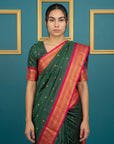 Bottle Green Premium Soft Silk Saree Gold Zari Woven Saree Contrast Pallu Festive Saree With Blouse