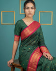 Bottle Green Premium Soft Silk Saree Gold Zari Woven Saree Contrast Pallu Festive Saree With Blouse