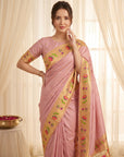 Baby Pink Bamboo Tissue Silk Paithani Saree Designer Traditional Saree With Lotus Meenakari Pallu Zari Weaving Wedding Festive Saree