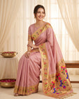 Baby Pink Bamboo Tissue Silk Paithani Saree Designer Traditional Saree With Lotus Meenakari Pallu Zari Weaving Wedding Festive Saree