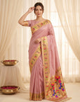 Baby Pink Bamboo Tissue Silk Paithani Saree Designer Traditional Saree With Lotus Meenakari Pallu Zari Weaving Wedding Festive Saree