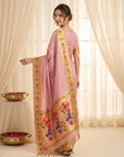 Baby Pink Bamboo Tissue Silk Paithani Saree Designer Traditional Saree With Lotus Meenakari Pallu Zari Weaving Wedding Festive Saree