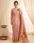 Baby Pink Bamboo Tissue Silk Paithani Saree Designer Traditional Saree With Lotus Meenakari Pallu Zari Weaving Wedding Festive Saree