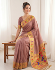 Coral Bamboo Tissue Silk Paithani Saree Designer Traditional Saree With Lotus Meenakari Pallu Zari Weaving Wedding Festive Saree