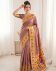 Coral Bamboo Tissue Silk Paithani Saree Designer Traditional Saree With Lotus Meenakari Pallu Zari Weaving Wedding Festive Saree