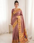 Coral Bamboo Tissue Silk Paithani Saree Designer Traditional Saree With Lotus Meenakari Pallu Zari Weaving Wedding Festive Saree