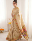 Cream Bamboo Tissue Silk Paithani Saree Designer Traditional Saree With Lotus Meenakari Pallu Zari Weaving Wedding Festive Saree