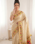 Cream Bamboo Tissue Silk Paithani Saree Designer Traditional Saree With Lotus Meenakari Pallu Zari Weaving Wedding Festive Saree