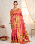 Peach Bamboo Tissue Silk Paithani Saree Designer Traditional Saree With Lotus Meenakari Pallu Zari Weaving Wedding Festive Saree