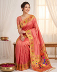 Peach Bamboo Tissue Silk Paithani Saree Designer Traditional Saree With Lotus Meenakari Pallu Zari Weaving Wedding Festive Saree