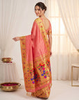 Peach Bamboo Tissue Silk Paithani Saree Designer Traditional Saree With Lotus Meenakari Pallu Zari Weaving Wedding Festive Saree