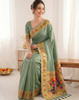 Sea Green Bamboo Tissue Silk Paithani Saree Designer Traditional Saree With Lotus Meenakari Pallu Zari Weaving Wedding Festive Saree