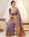 Violet Bamboo Tissue Silk Paithani Saree Designer Traditional Saree With Lotus Meenakari Pallu Zari Weaving Wedding Festive Saree