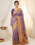 Violet Bamboo Tissue Silk Paithani Saree Designer Traditional Saree With Lotus Meenakari Pallu Zari Weaving Wedding Festive Saree