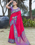 Hot Pink Soft Silk Floral Border Zari Woven Saree