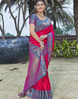 Hot Pink Soft Silk Floral Border Zari Woven Saree