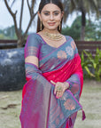 Hot Pink Soft Silk Floral Border Zari Woven Saree