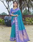 Teal Blue Soft Silk Floral Border Zari Woven Saree