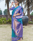 Teal Blue Soft Silk Floral Border Zari Woven Saree