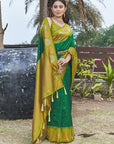 Green Pea Soft Silk Floral Border Zari Woven Saree