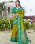 Mustard Green Soft Silk Floral Border Zari Woven Saree