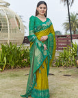 Mustard Green Soft Silk Floral Border Zari Woven Saree