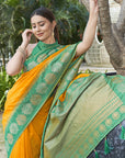 Orangey Yellow Soft Silk Floral Border Zari Woven Saree