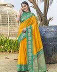 Orangey Yellow Soft Silk Floral Border Zari Woven Saree