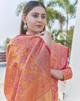 Salmon Peach Soft Kashmiri Silk Zari Woven Saree