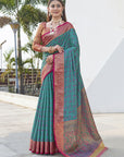 Teal Blue Soft Kashmiri Silk Zari Woven Saree